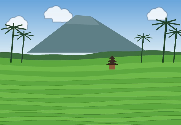Green terraces of Jatiluwih below a volcano with palm trees